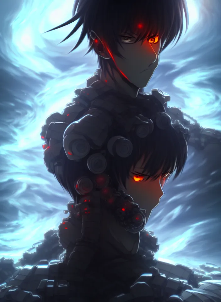 Image similar to a detailed manga illustration character full body portrait of a dark haired cyborg anime man surrounded by clouds of dark smoke and fire, trending on artstation, digital art, 4 k resolution, detailed, high quality, sharp focus, hq artwork, insane detail, concept art, character concept, character illustration, full body illustration, perfect anatomy, cinematic, volumetric lighting