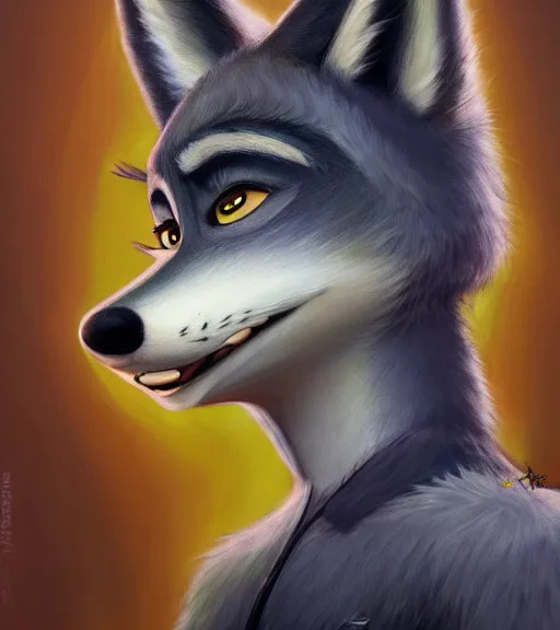 Image similar to full figure oil painting of anthromorphic furry female wolf, in style of zootopia, female fursona, furry, furaffinity, 4 k, deviantart, furry art, fursona art, wearing black business suit, business suit, wolf fursona, expressive feminine face, female,