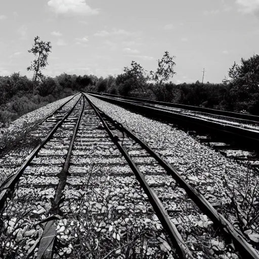 Image similar to fine art photography of a abandoned old train station in the middle of nowhere, overgrown, it train tracks curve up toward the sky, black and white photography 3 5 mm