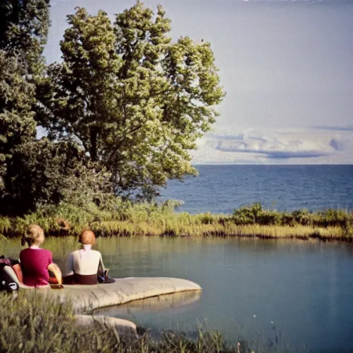 Image similar to color photograph from the sixties of people sitting by a lake in summer looking at a mushroom cloud on the horizon, faded colors, light leaks