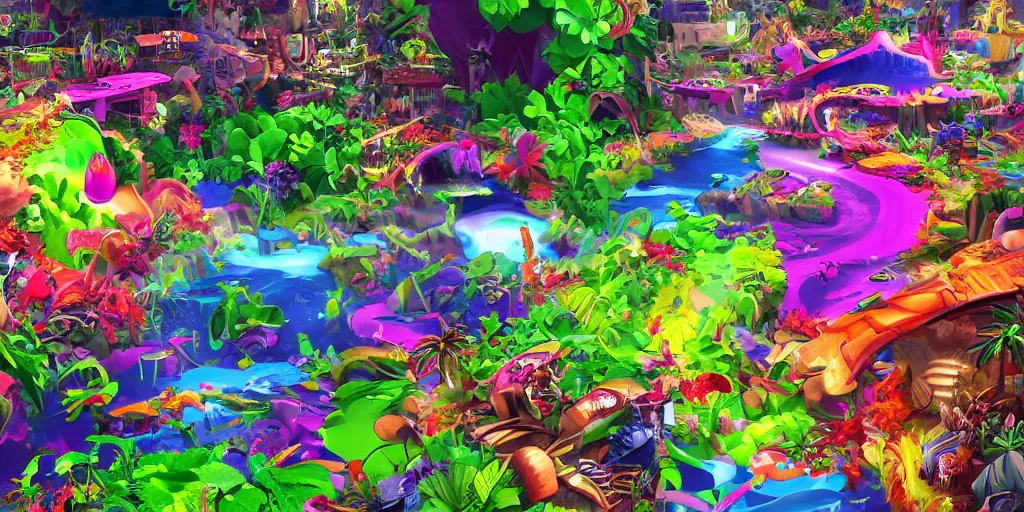 Prompt: plastic beach island lush vegetation caustics fluid simulation lighting impressive colorful masterpiece graffiti hyper perspective textured detailed intricate sharp focus 8 k