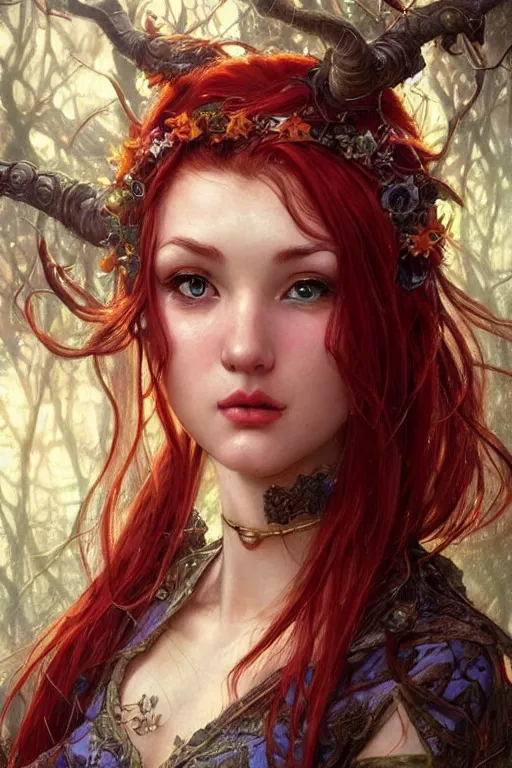 Prompt: alluring closeup portrait of beautiful elf girl with red hair, very detailed face and ears, realistic, tarot card, by Stanley Artgerm Lau, greg rutkowski, thomas kindkade, alphonse mucha, loish, norman rockwell J.