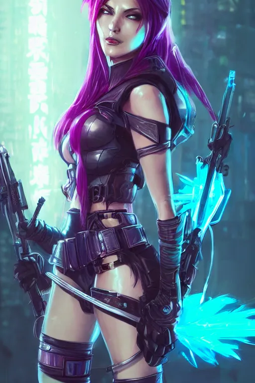 Prompt: katarina from league of legends, cyberpunk futuristic neon. she is holding blades, decorated with traditional japanese ornaments by ismail inceoglu dragan bibin hans thoma greg rutkowski alexandros pyromallis nekro rene maritte illustrated, perfect face, fine details, realistic shaded, fine - face, pretty face, masterpiece