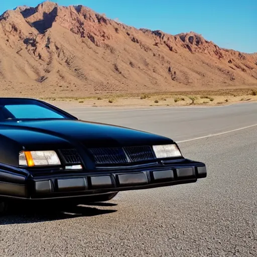 Prompt: a black 1990 Thunderbird super coupe driving on a desert highway