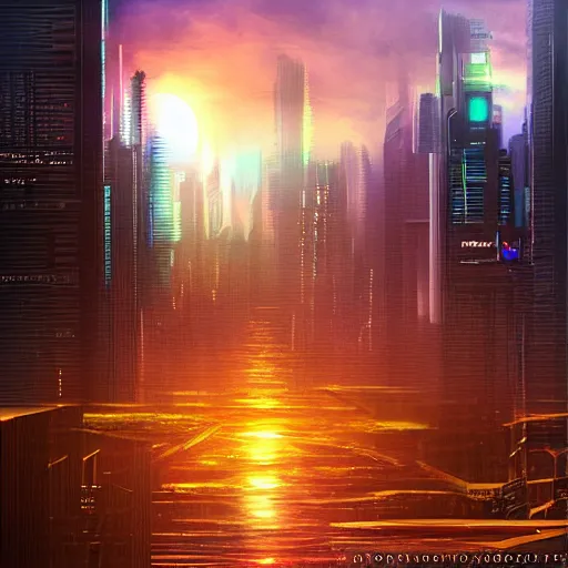 Image similar to beautiful cyberpunk cityscape, sun setting, volumetric clouds, painting by bob ross