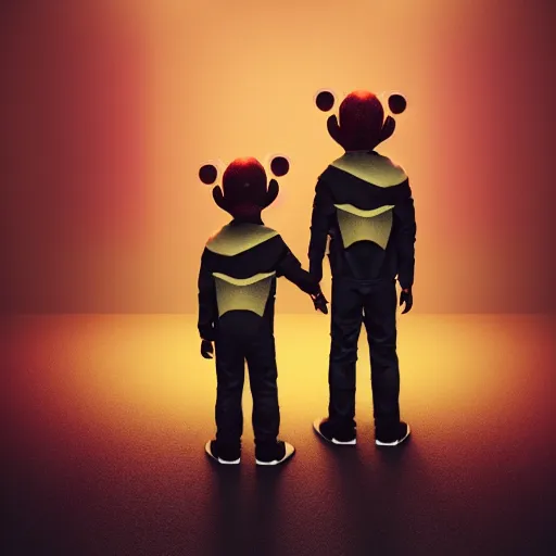 Image similar to miniature deadmau5 kids standing back to back, twilight zone background, illustration, artgerm, octane render, inspired by Greg rutkowski, colorful, studio lighting, full body,