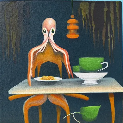 Image similar to “A squid-human hybrid having tea in a decrepit cottage. Acrylic on canvas”