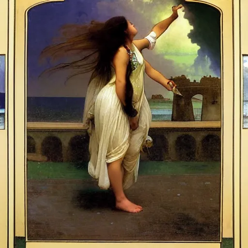 Image similar to Girl riding a horse leaving the castle through the bridge, thunderstorm, beach ocean on the background major arcana sky, by paul delaroche, alphonse mucha and arnold böcklin arnold böcklin hyperrealistic 8k, very detailed