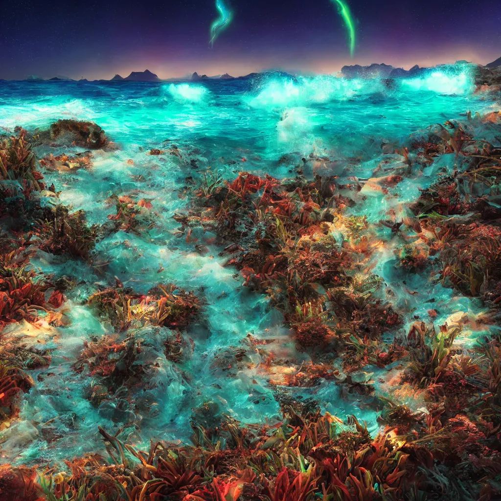 Image similar to landscape photo on lush warm alien beach, night, arching milkyway, sea lit by neon electric psychadelic coral, imposing wave face near shore unbroken ,Jungle, Mountains, lush, cinematic, Lumion rendering, photo realistic, 8k octane render UHD, bright volumetric dynamic lighting, milkyway light,detailed renderings, moonlight