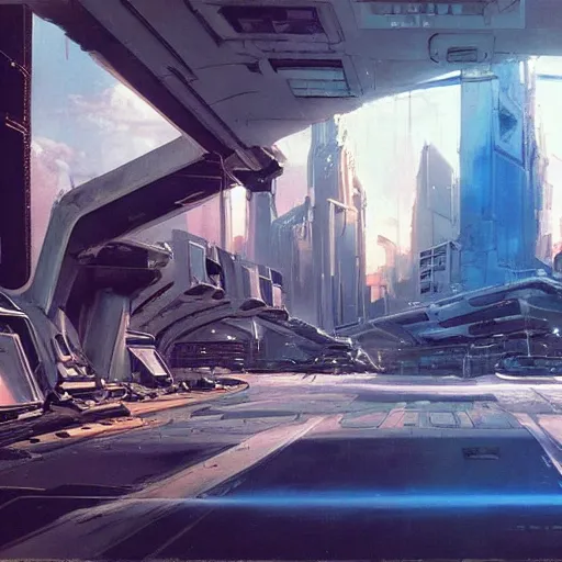 Prompt: derelict portal in a middle of a futuristic cityscape, world seen only through a portal, daylight, cinematic perspective, cinematic lighting, blue sky, syd mead, john harris