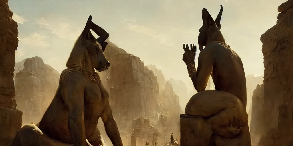 Image similar to beautiful landscape oil matte painting, of ancient egyptian giant satue of anubis, art by anders zorn, wonderful masterpiece by greg rutkowski, beautiful cinematic light, american romanticism, by thomas lawrence, greg rutkowski