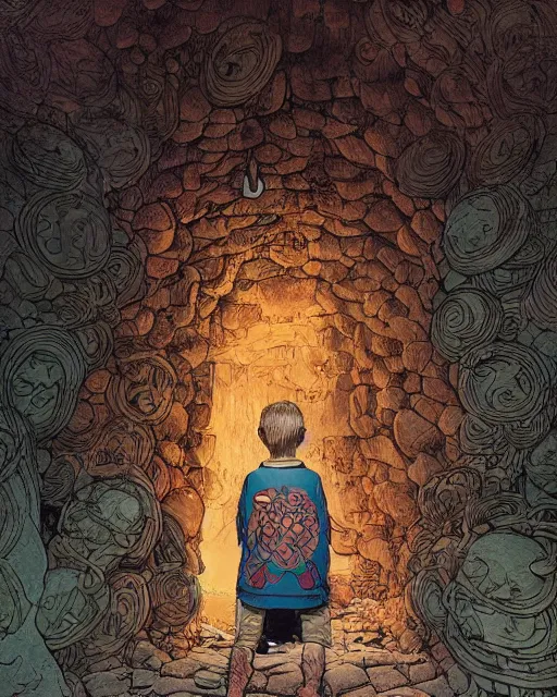 Image similar to a young boy opening a giant wooden door with archaic symbols embedded onto it, in a cave by the water, digital art, illustrated by james gurney and victo ngai