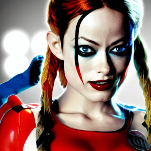 Prompt: Olivia wilde as harley quinn, 8k, highly detailed, high definition, full view, cinematic lighting