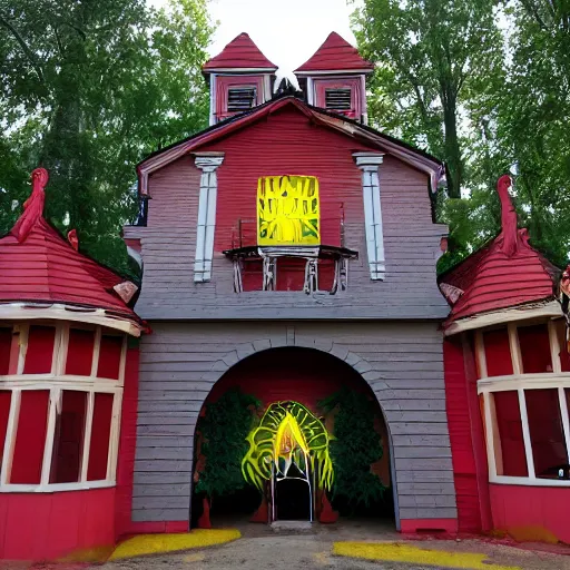 Image similar to the entrance facade of a curious george haunted house