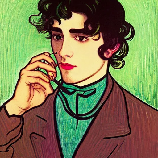 Prompt: painting of young handsome beautiful dark medium wavy hair man in his 2 0 s named shadow taehyung at the cucumber and banana rainbow soup party, with martini glass, elegant, clear, painting, stylized, delicate, soft facial features, art, art by alphonse mucha, vincent van gogh, egon schiele