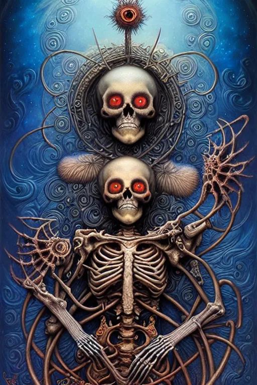 Image similar to A beautiful detailed godness super cute tarot card love and death and robots, by tomasz alen kopera and Justin Gerard, symmetrical features, ominous, magical realism, texture, intricate, ornate, royally decorated, mechanic, skeleton, whirling smoke, embers, red adornements, blue torn fabric, radiant colors, fantasy, trending on artstation, volumetric lighting, micro details, 3d sculpture, ray tracing, 8k, anaglyph effect, digital art