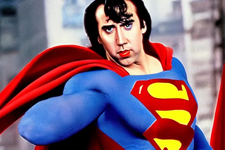 Prompt: nicholas cage as superman in the 1 9 9 0's, superhero film