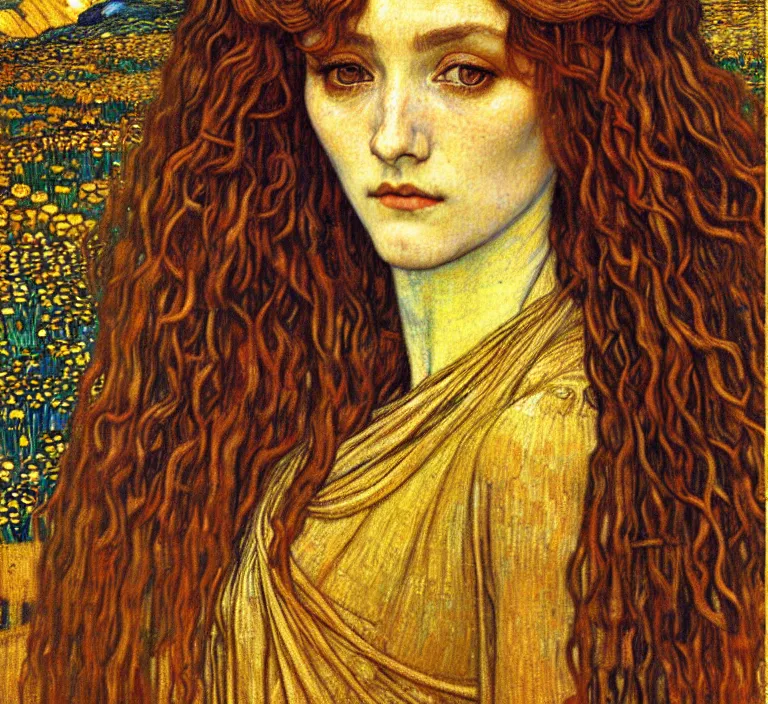 Image similar to detailed realistic beautiful young medieval queen face portrait by jean delville, gustav klimt and vincent van gogh, art nouveau, symbolist, visionary, gothic, pre - raphaelite, muted earthy colors, desaturated