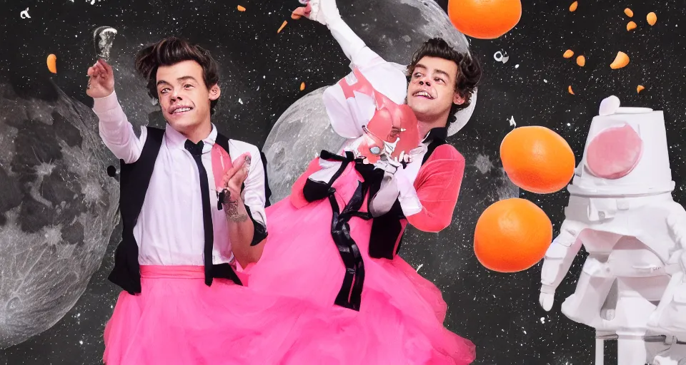 Image similar to harry styles on the moon juggling oranges with a pink skirt