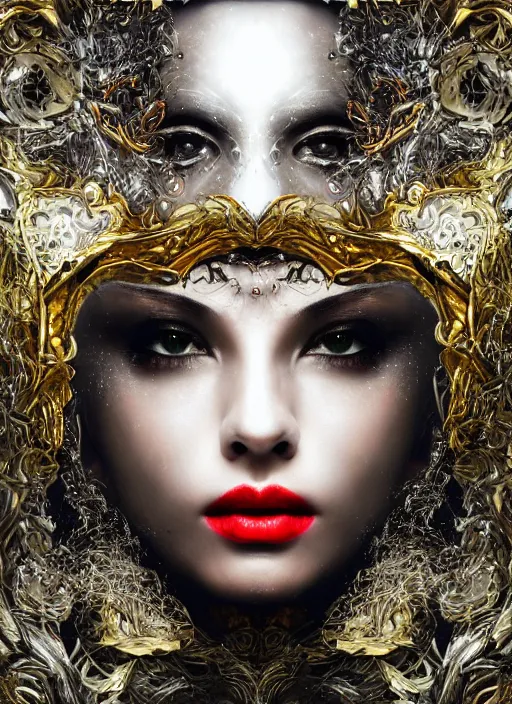 Prompt: glowing silver and golden elements, full close-up portrait, dark witch from shutterstock, book cover, green forest, white moon, red lips, establishing shot, extremly high detail, photo-realistic, cinematic lighting, pen and ink, intricate line drawings, by Yoshitaka Amano, Ruan Jia, Kentaro Miura, Artgerm, post processed, concept art, artstation, matte painting, style by eddie mendoza, raphael lacoste, alex ross