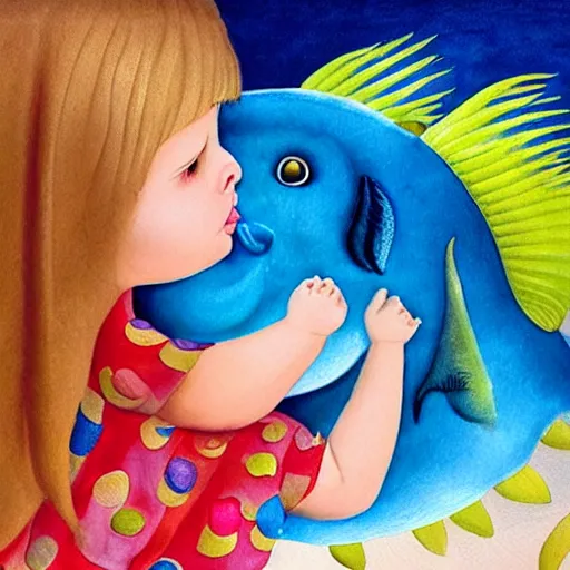 Prompt: a hype realistic oil painting of the most cute little fat girl kissing a huge colorful cute fish. hype realistic scene. studio lighting. window. 3 d, octane render, deep focus, fashion style, white scene. very funny and sweet art. unreal engine. watercolor. fellini style. poster quality. da vinci painting style. highly detailed.