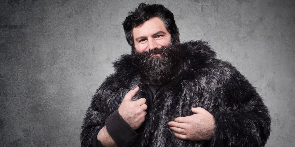 Prompt: a middle - aged burly lumberjack with a beard, dark hair, wearing a fur coat