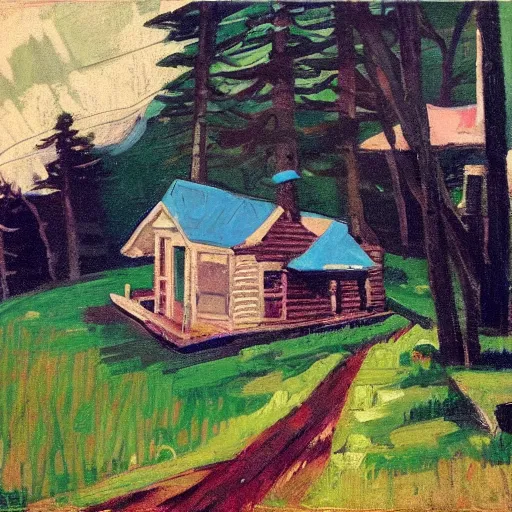 Prompt: the cabin in the woods, in the style of gifford beal,