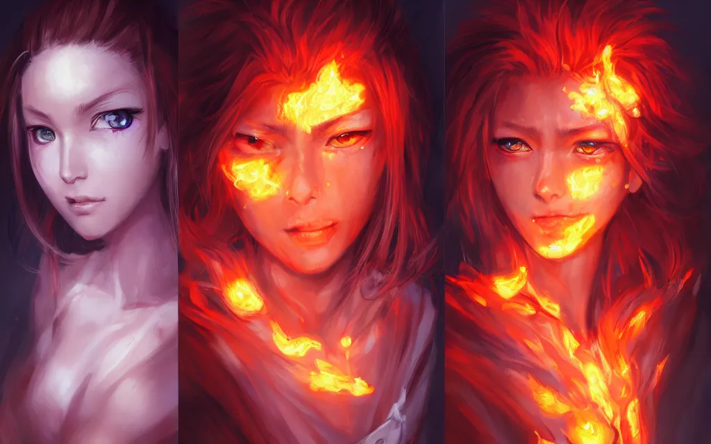 Image similar to A realistic anime portrait of a beautiful fire spirit twins with glowing red eyes and firey skin wearing clothes made of flames, digital painting, by Stanley Artgerm Lau, Sakimichan, WLOP and Rossdraws, digtial painting, trending on ArtStation, SFW version