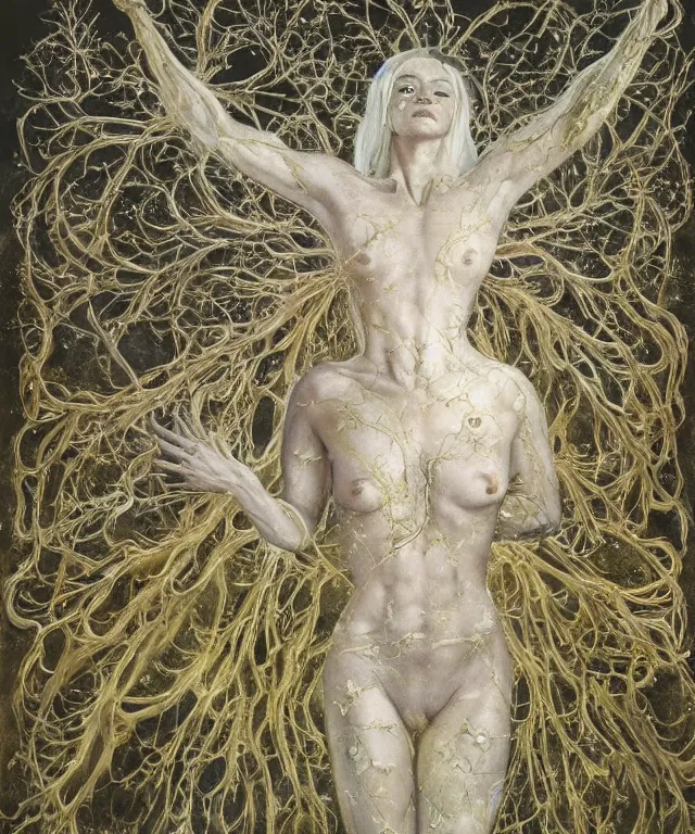 Image similar to Beautiful full-body wax sculpture of a glowing transparent infinite plant with women faces as leaves with visible gold bones covered with melted white wax inside the singularity where stars becoming baroque folds of dark matter of Samsara by Michelangelo da Caravaggio, Nicola Samori, William Blake, Alex Grey and Beksinski, dramatic volumetric lighting, highly detailed oil painting, the golden ratio intial composition, 8k, masterpiece