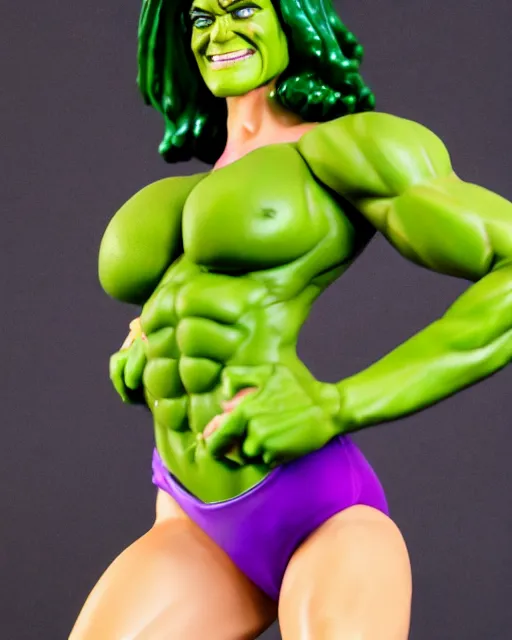 Image similar to maquette sculpture of the gorgeous she hulk, she is wearing a purple one piece swimsuit, she is tall, very fit and extremely muscular, she has green skin all over her body, long black shiny hair, hyperreal, highly detailed, in the style of sideshow collectibles, soft focus, bokeh