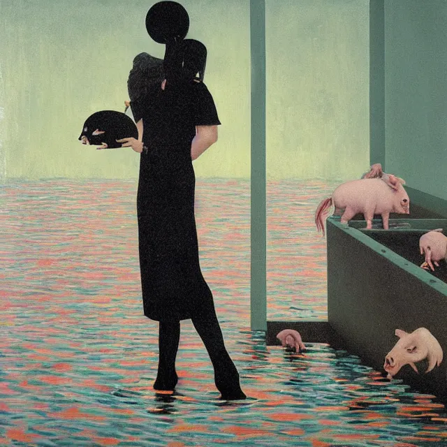 Image similar to tall female emo artist holding a pig in her flooded bathroom, mushrooms, octopus, water gushing from ceiling, painting of flood waters inside an artist's bathroom, a river flooding indoors, pomegranates, pigs, ikebana, zen, river, rapids, waterfall, black swans, canoe, berries, acrylic on canvas, surrealist, by magritte and monet