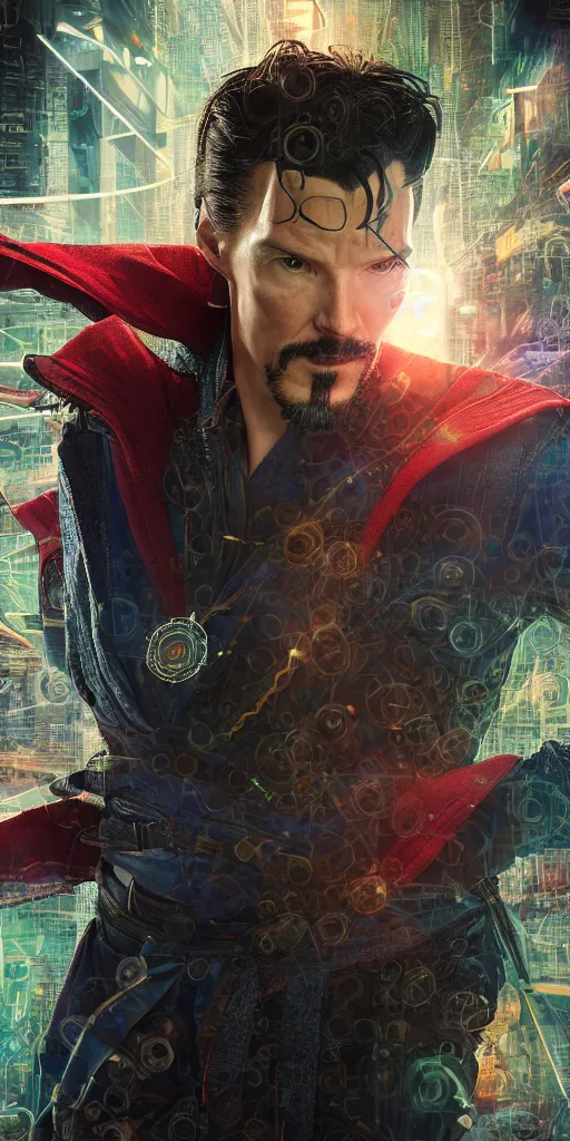 Image similar to cyberpunk, dr strange, photograph, cyborg, robot,, cinematic,