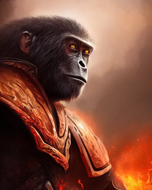 Image similar to fury art, an anthro ape wearing a large cape and a fantasy armor, fiery background, 3 d, 8 k, extremely detailed, trending on furaffinity, trending on artstation, award winning, sharp focus, illustration