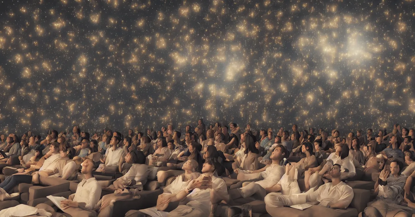 Image similar to Human egos are trapped in the illusion of physical reality, sitting in a movie theater, watching the light of consciousness project their lives onto a giant screen, realistic image full of sense of spirituality, life meaning, meaining of physical reality, happy atmosphere, render in Vray