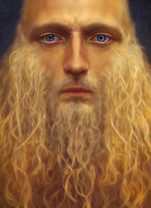 Prompt: Druid portrait, by Jean Delville and Sophie Anderson and Mandy Jurgens, golden ratio, perfect composition, elegant, no crop, extremely detailed, hd, masterpiece, artstation