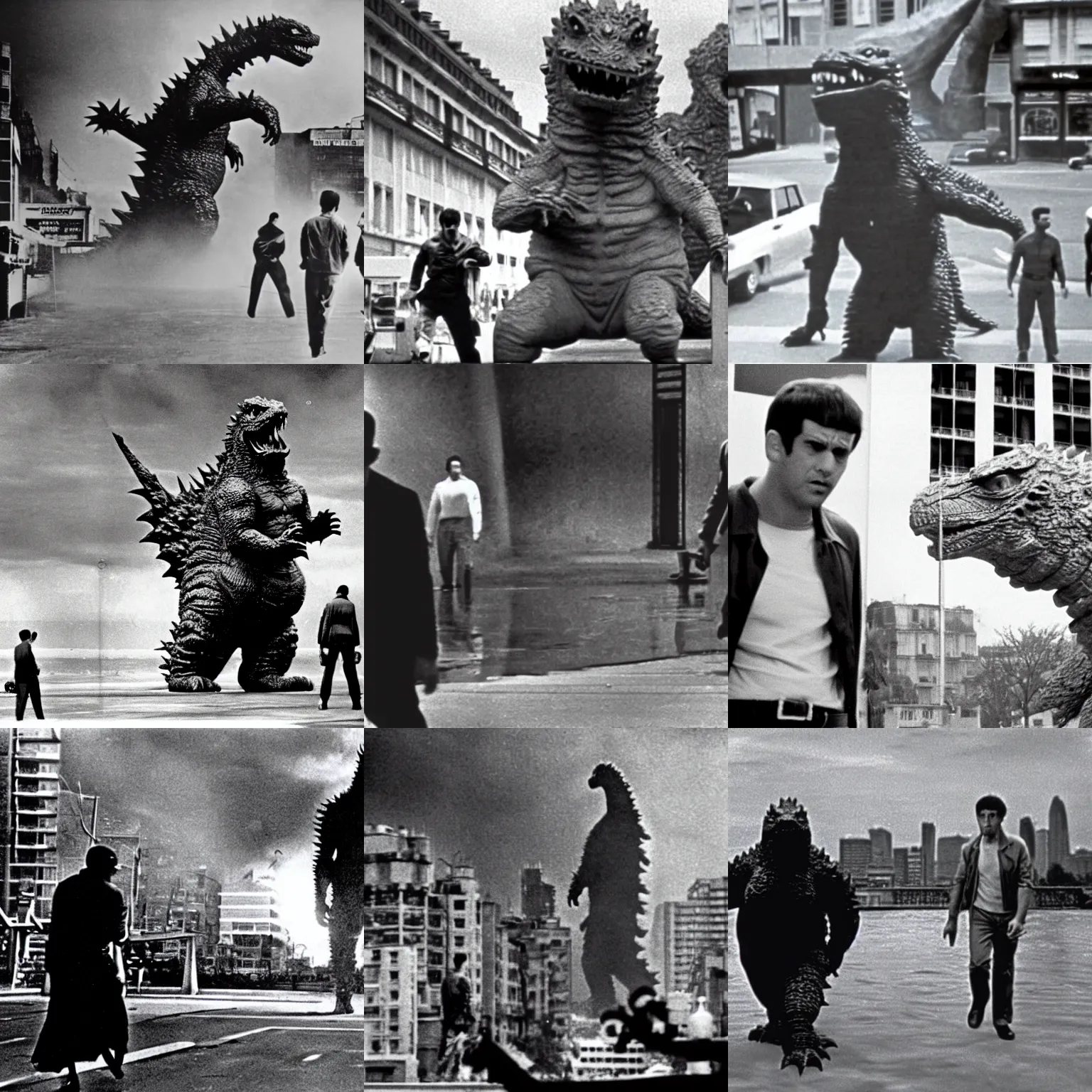 Prompt: still of godzilla ( 1 9 6 5 ) by jean - luc godard, featuring godzilla as a big monstre with scales walking with jean - paul belmondo near the movie houses or the quartier latin in paris