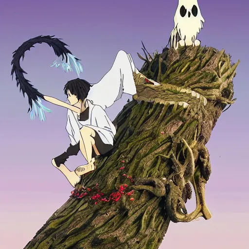 Prompt: spirit creature sitting on the tree in the night made by studio ghibli, detailed, high quality, 8 k, smooth