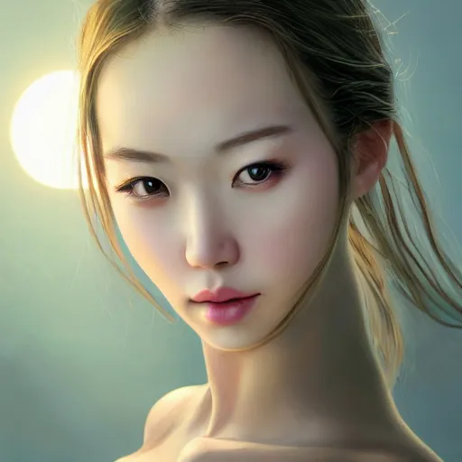 Prompt: a sad gorgeous female, photo, professionally retouched, soft lighting, wearing sundress, illuminated by moonlight, realistic, smooth face, asian goddess, luscious lips, perfect eyes, wide angle, sharp focus on eyes, 8 k high definition, insanely detailed, intricate, elegant, art by artgerm and wlop