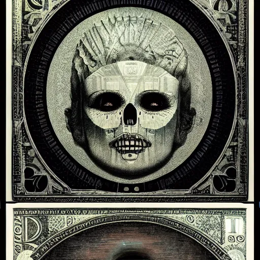 Prompt: new age album cover, asymmetrical design, dollar bank notes, capitalism, magic, apocalypse, psychedelic, black white pastel pink, slightly holographic, magic, giger h. r., peder balke