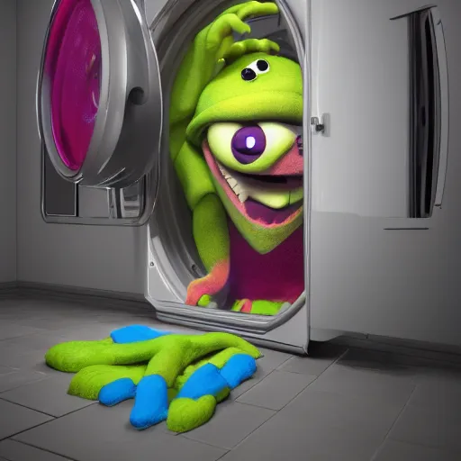 Prompt: silly monster inside dryer with lots of socks, by rudolf hausner and jim henson, thomas kinkade, 3 d model, octane render, daytime made in blender, trending on artstation, trending on nightcafe, unreal engine, behance, wallpaper 4 k, realism, bright loud colors