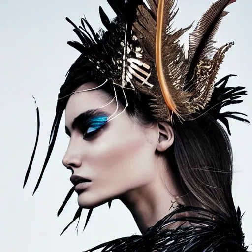 Prompt: close up of face of fashion model looking to the right, feather dress, official balmain editorial, highly detailed
