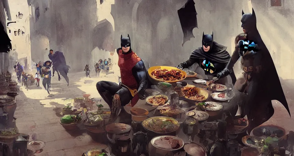 Image similar to Batman eat tajine in fez morrocco, digital art,ultra realistic,ultra detailed,art by greg rutkowski