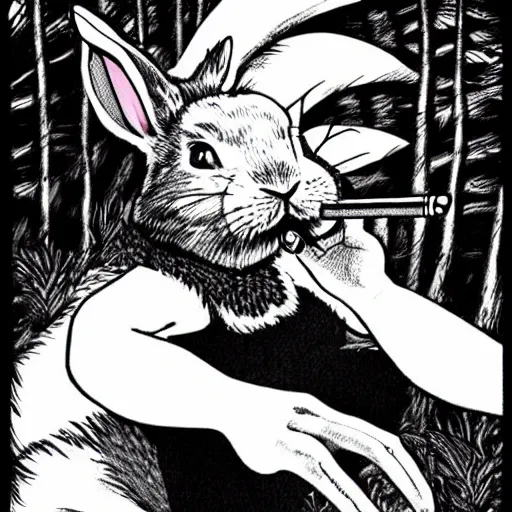 Image similar to an epic profile of a rabbit smoking a cigarette deep in the forest, striking pose, black and white illustration, creative design by junji ito