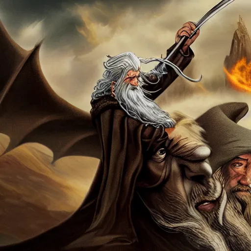 Image similar to gandalf flying on the back of smaug, lotr, highly detailed, digital art,