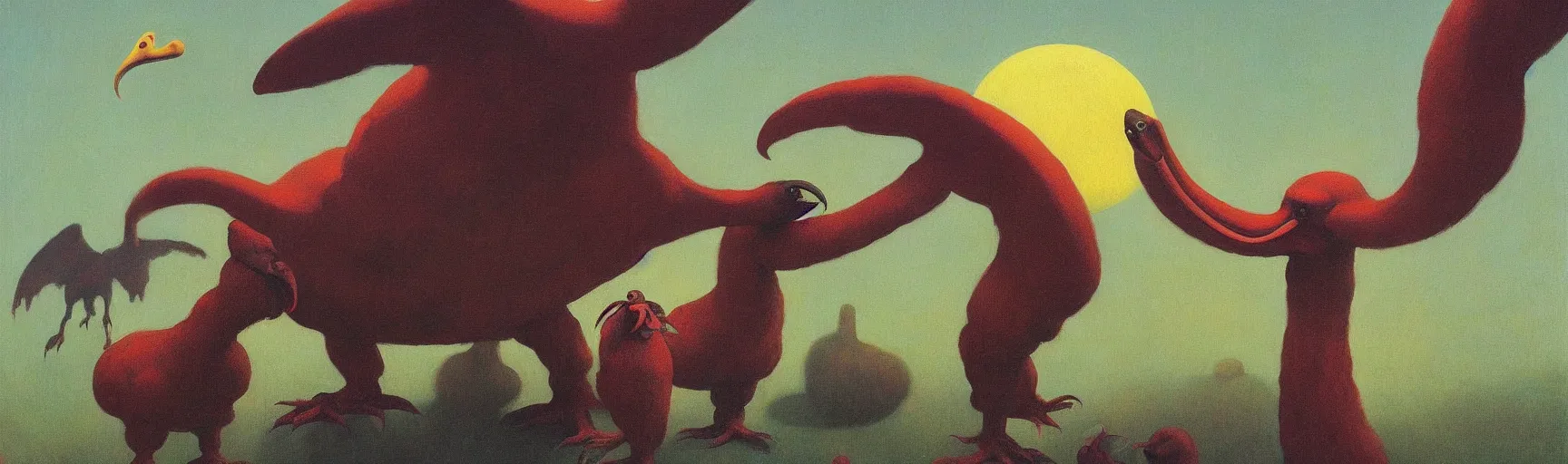 Image similar to monster giant dodo birds fight space snakes, Edward Hopper and James Gilleard, Zdzislaw Beksinski, Mark Ryden, Wolfgang Lettl highly detailed, hints of Yayoi Kasuma, Odilon Redon. Drexler