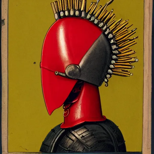 Prompt: side - view portrait of a knight, kaldor helmet with spikes on top, cranium face, red background, very masterful