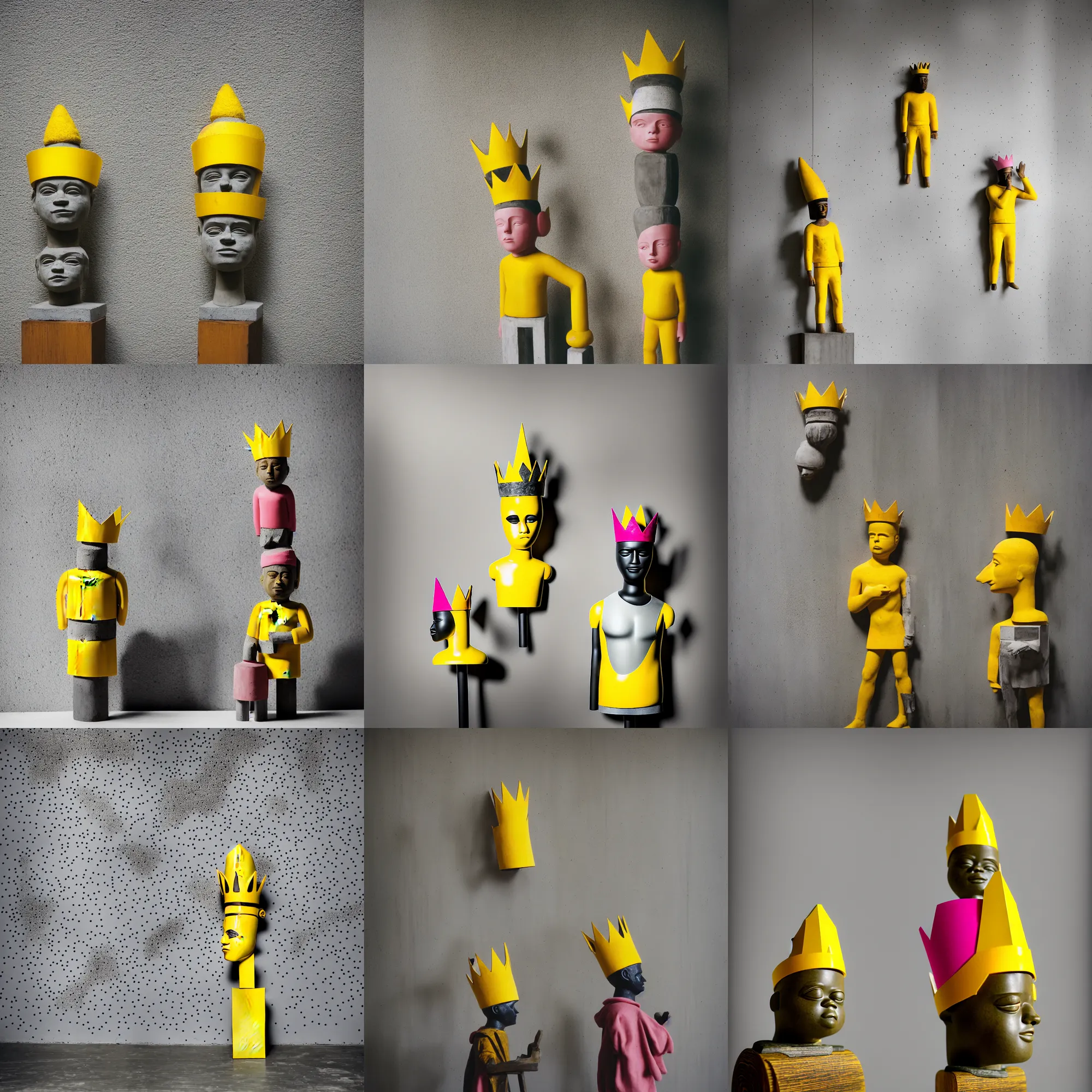 Image similar to kodak portra 4 0 0, 8 k, shot of a highly detailed, britt marling style, colour still - life portrait of a large minimalistic room, rough concrete walls, the wooden statue of a yellow black striped little man with pink crown on his head