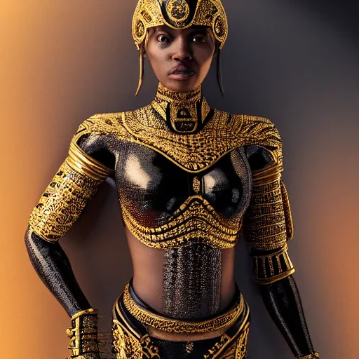 Prompt: Full body portrait, beautiful black woman with symmetrical features, standing in gilded black and gold armour, photorealistic, intricate detail, arnold render,