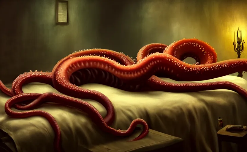 Image similar to matte oil painting of a lovecraftian tentacle creature crawling onto a bed inside a bedroom, extremely graphic, disturbing, cinematic, 4 k, 8 k