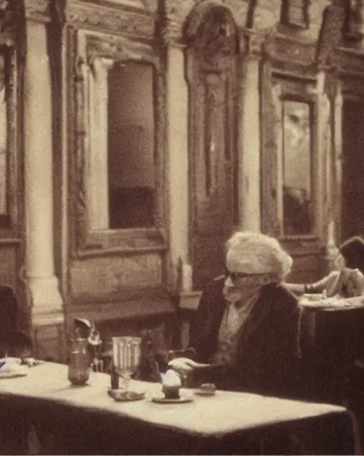 Image similar to a man and a woman sitting at a table, a screenshot by jean fautrier and by leila faithfull and by pierre roy, trending on pinterest, barbizon school, movie still, hall of mirrors, filmic